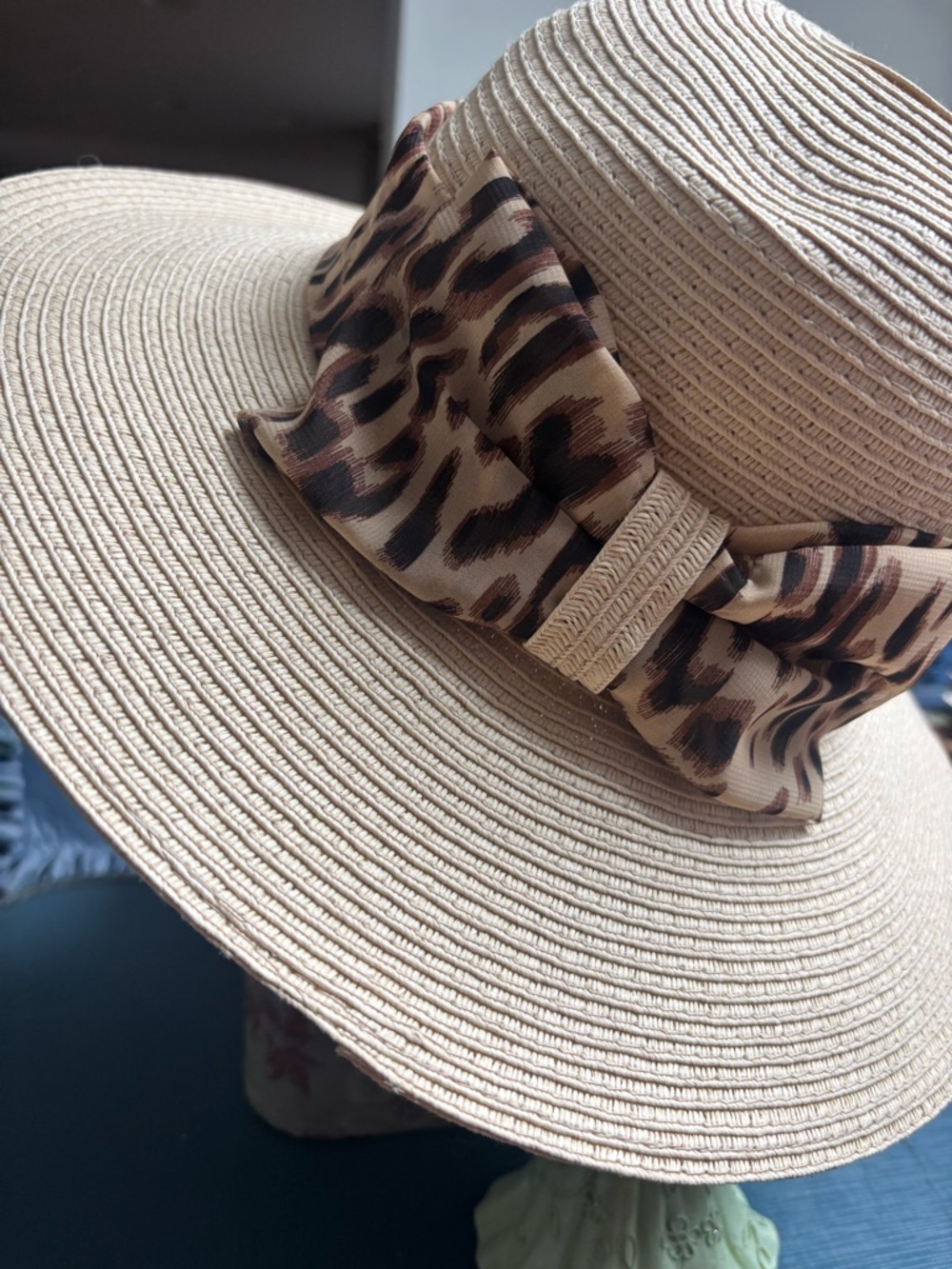 Beige Wide Brim paper Sun Hat with Leopard Bow
